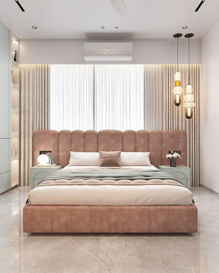 Serene Master Bedroom with Full-Height Upholstered Cushion Headboard #61